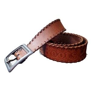 Roots Women's Brown Leather Belt Embossed Logo Weaved Edges Size 30